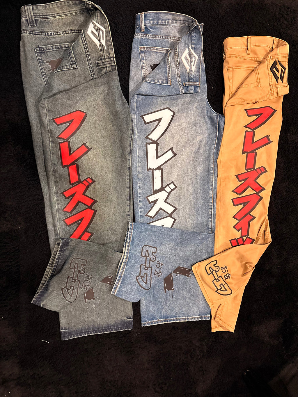 Japanese denim (light blue jeans with white print )