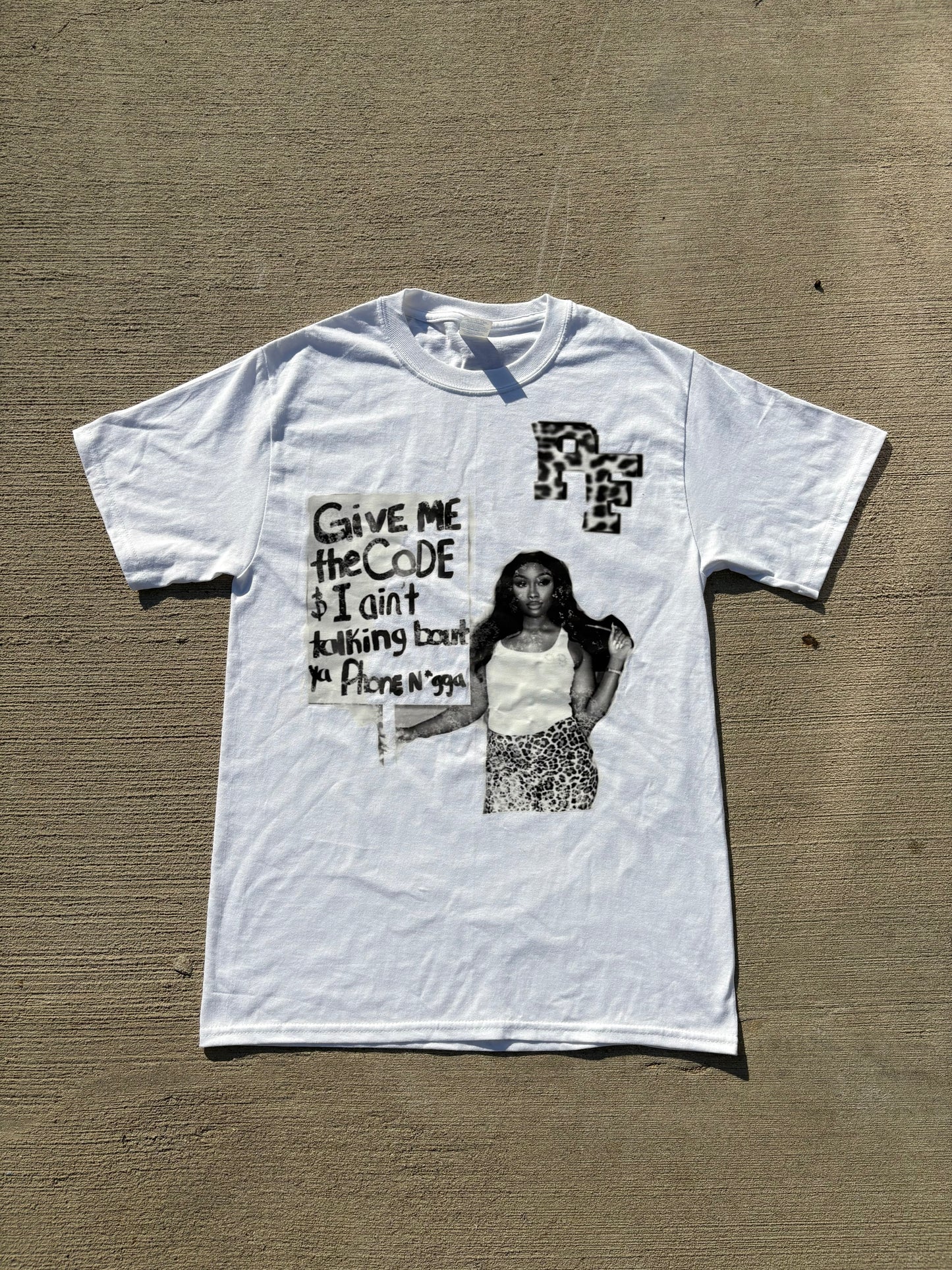White PhraseFit tee with Cheetah Print PF Logo